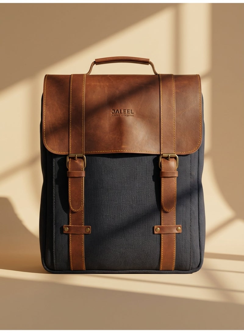 چليل شنطة ظهر للاب توب من ريجنت سيتي مصنوعة من قماش اسود وجلد بقر طبيعي 100% للعمل والجامعة، شنطة ظهر للاعمال مع حافظة لابتوب مبطنة ومنظم - جليل - Image 5